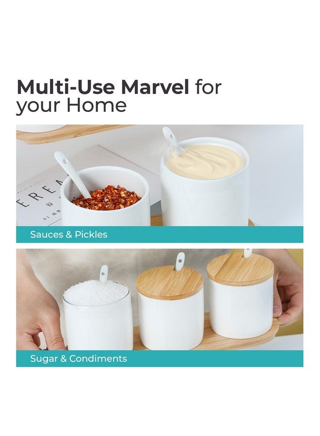 The Better Home مجموعة Better Home من 2 جرة سيراميك مع أغطية من الخيزران | ملعقة وصينية | 250 مل | حاويات توابل متعددة الاستخدامات للطرشي والصلصات والبهارات | منظم ومخزن للمطبخ | أبيض - Image 4