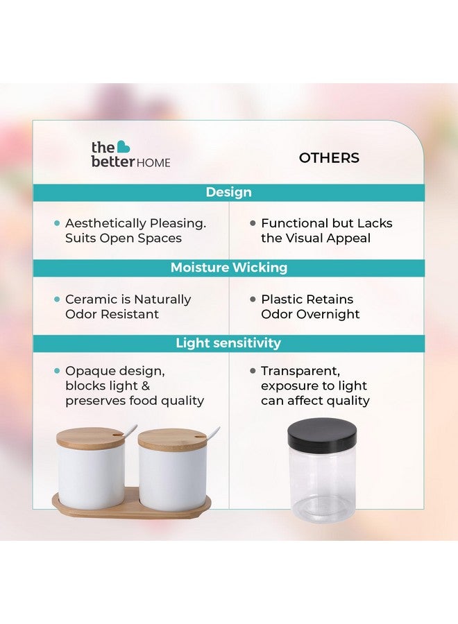 The Better Home مجموعة Better Home من 2 جرة سيراميك مع أغطية من الخيزران | ملعقة وصينية | 250 مل | حاويات توابل متعددة الاستخدامات للطرشي والصلصات والبهارات | منظم ومخزن للمطبخ | أبيض - Image 5