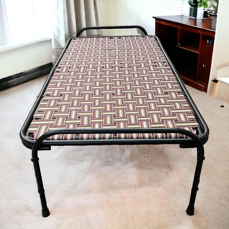 NATTNAK WE TRULY CARES NATTNAK WE TRULY CARES Nylon Heavy Duty Painted Folding Bed With Double Pipe Iron Frame Double Niwar Strips 36x72 inches 12kg Weight Ideal For Guests Camping and Small Spaces Multicolour 