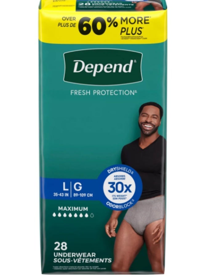 Depend حماية فريش للبالغين من السلس البولي للرجال (سابقًا Depend Fit-Flex)، قابلة للتخلص، قصوى، كبيرة، رمادي، 28 قطعة، قد يختلف التعبئة - Image 1