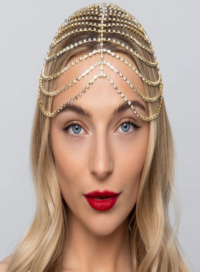 CAKURE 1920s Crystal Cap Headpiece Flapper Cap Head Jewelry Roaring 20s Hair Chain Headpiece Rhinestone Head Chain Jewelry Art Deco Party Hair Accesories for Women (a-gold, one size) - Image 1