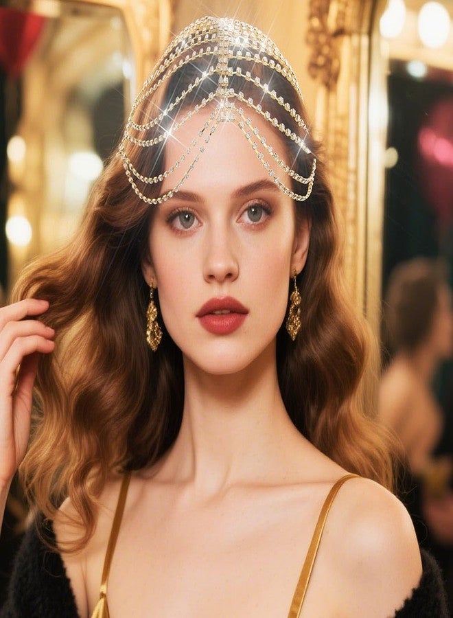 CAKURE 1920s Crystal Cap Headpiece Flapper Cap Head Jewelry Roaring 20s Hair Chain Headpiece Rhinestone Head Chain Jewelry Art Deco Party Hair Accesories for Women (a-gold, one size) - Image 3