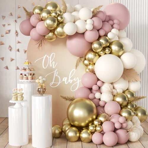 MEBAY Pink White Gold Balloons Arch Kit 155Pcs Dusty Pink Matte White Metallic Gold Balloon Garland for Birthday Bridal Baby Shower Wedding Confession Proposal Party Decorations - Image 1