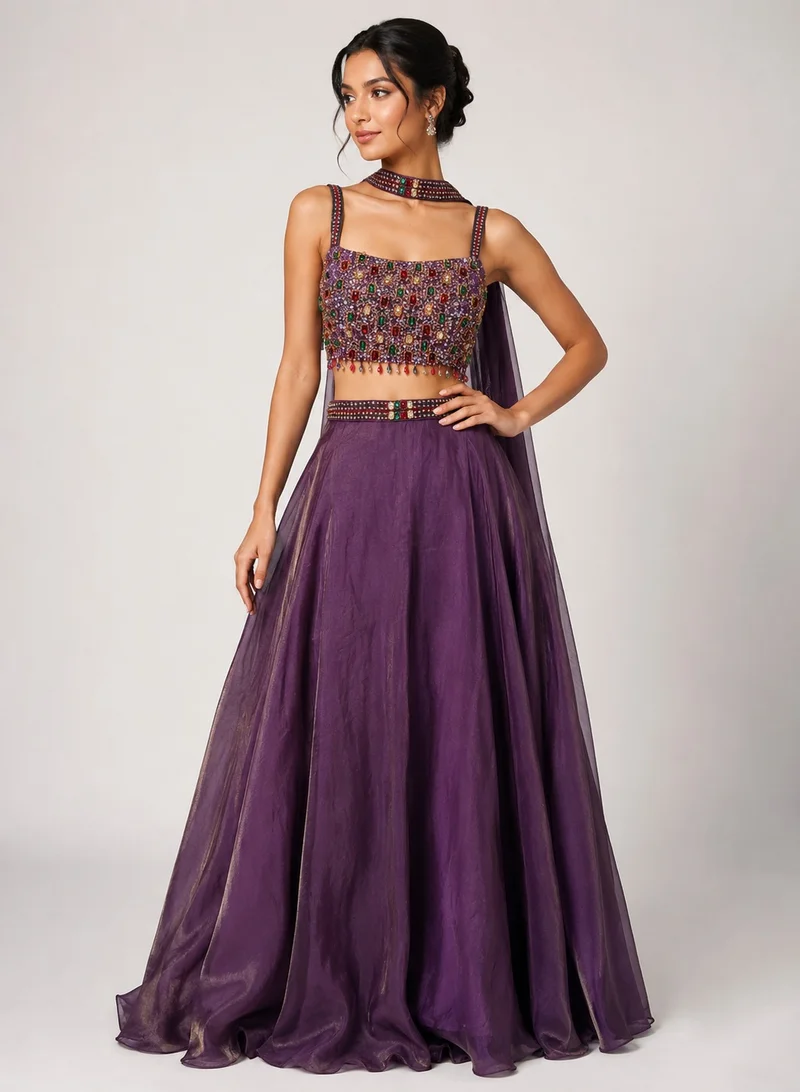 Lehar Regal Purple Embellished Blouse with Flowing Organza Skirt and Dupatta