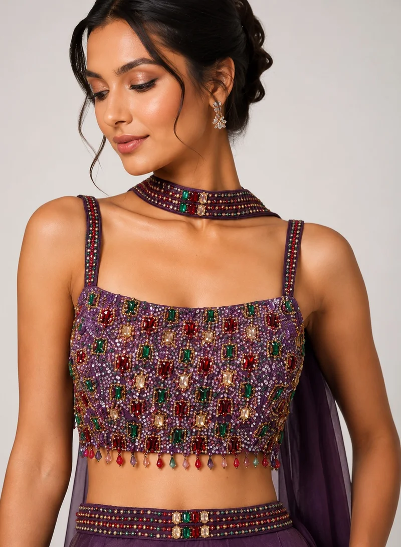 Lehar Regal Purple Embellished Blouse with Flowing Organza Skirt and Dupatta