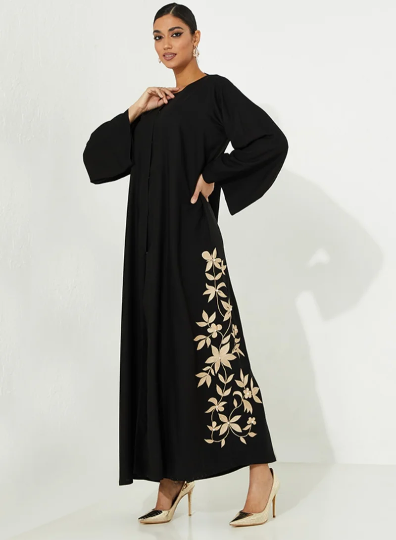 Open Abaya with Flower stitching on the side With Pearl