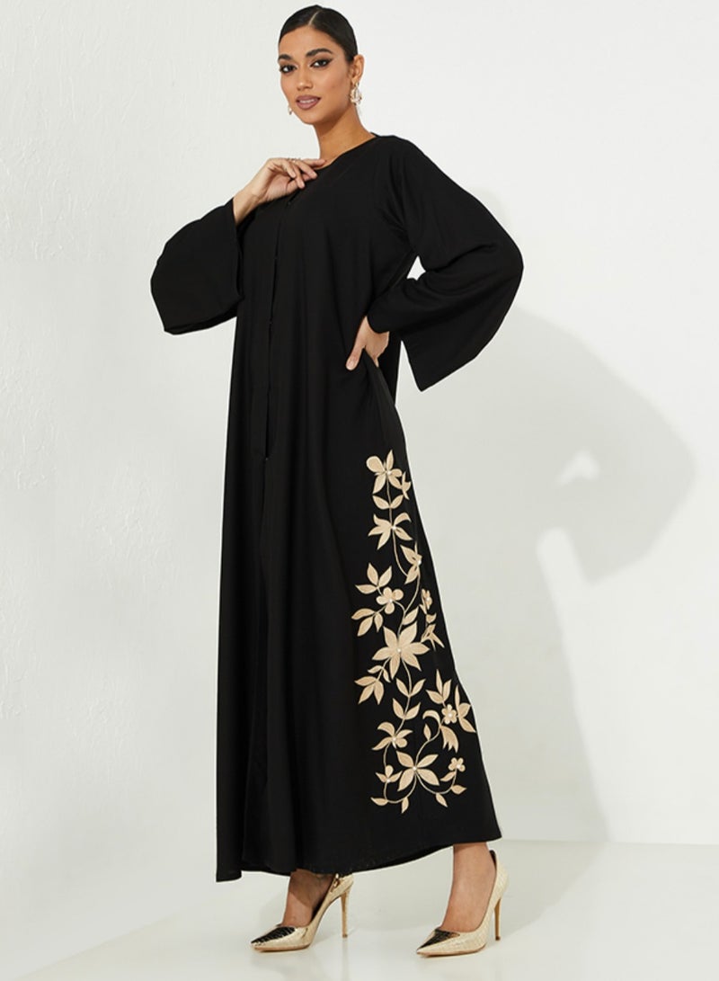 Rosette Abaya Open Abaya with Flower stitching on the side With Pearl - Image 1