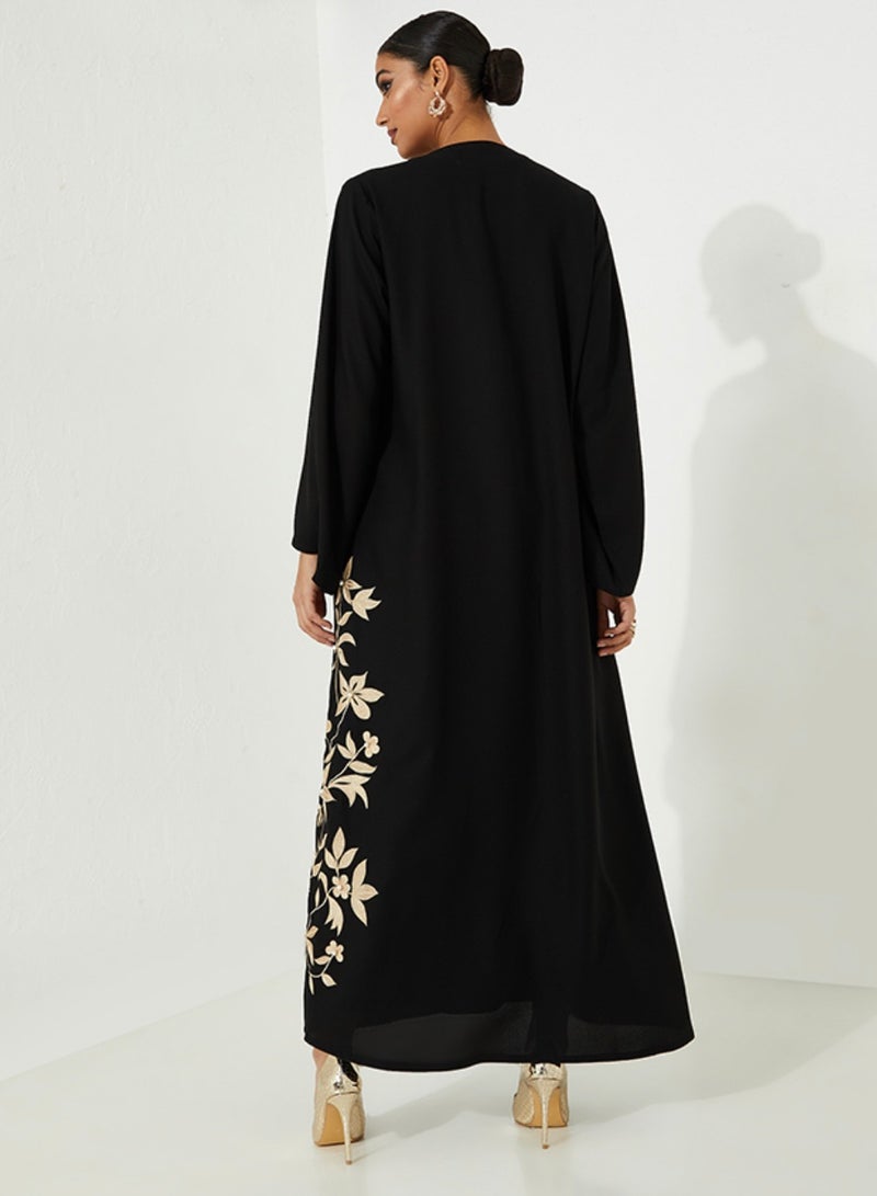 Rosette Abaya Open Abaya with Flower stitching on the side With Pearl - Image 2