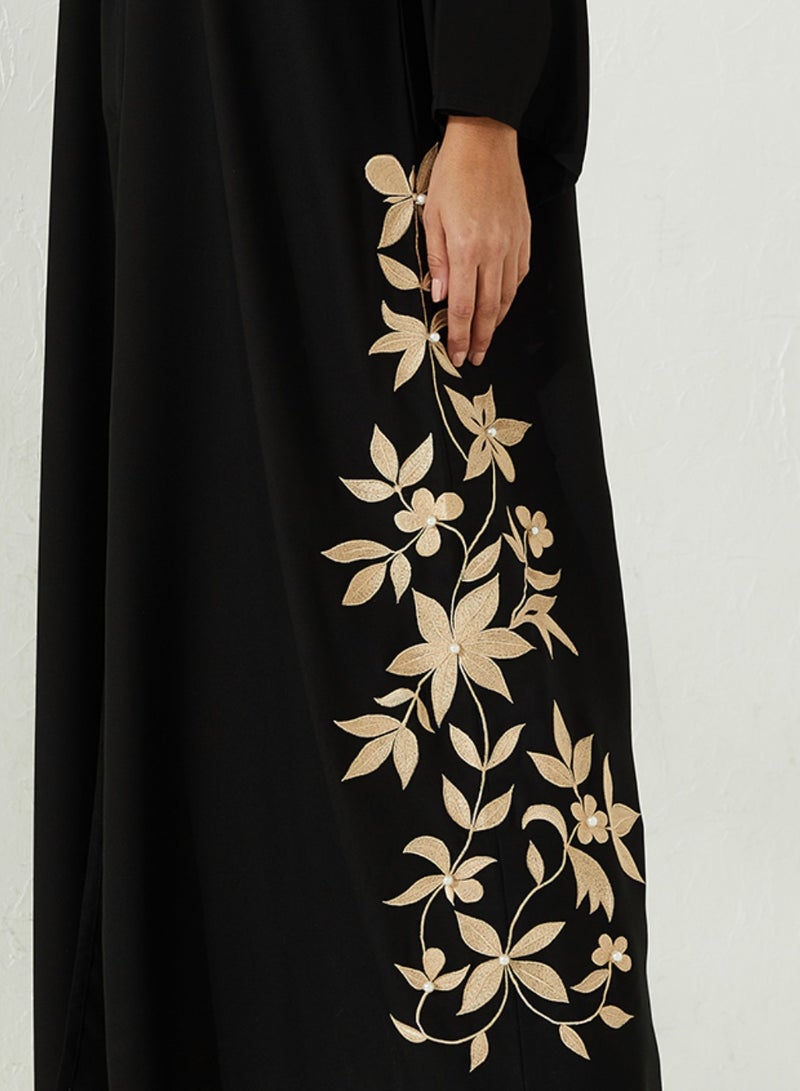 Rosette Abaya Open Abaya with Flower stitching on the side With Pearl - Image 3