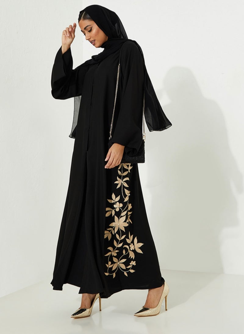 Rosette Abaya Open Abaya with Flower stitching on the side With Pearl - Image 4