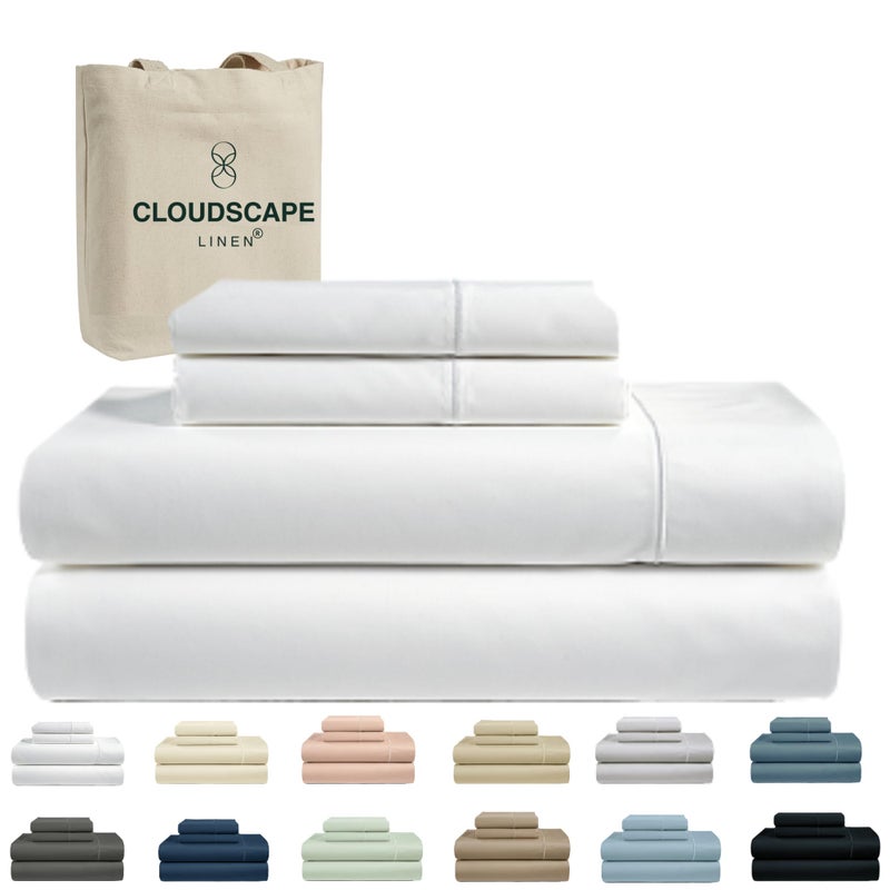 CloudScape Linen Cloud Scape Linen Engineered Dual-Ply Egyptian Cotton Queen Size Sheet Set - Long-Staple Sateen Weave, 4-Piece Soft Hotel Quality Bedding Set,Deep Pockets Up to 17”, White - Image 1