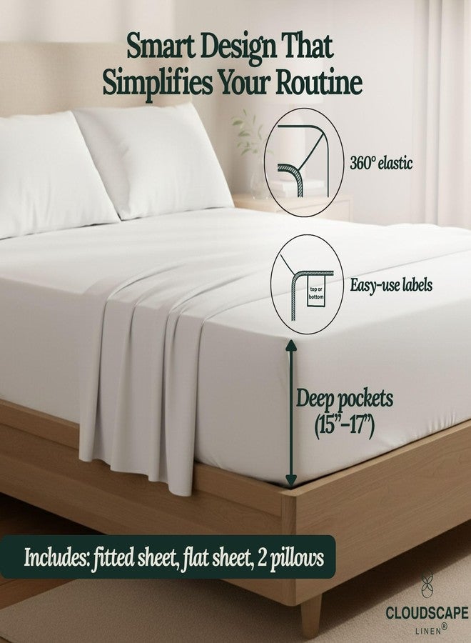 CloudScape Linen Cloud Scape Linen Engineered Dual-Ply Egyptian Cotton Queen Size Sheet Set - Long-Staple Sateen Weave, 4-Piece Soft Hotel Quality Bedding Set,Deep Pockets Up to 17”, White - Image 4