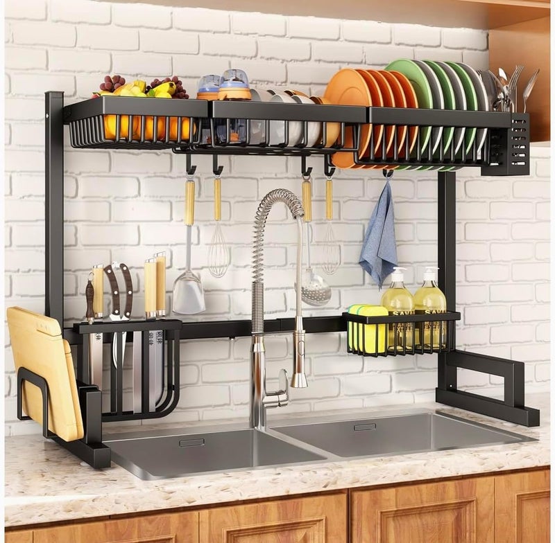 Over The Sink Dish Drying Rack, Stainless Steel, 2 Tiers, Adjustable Width, Black, with Knife Holder and Storage Basket