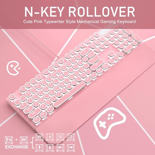 Camiysn Typewriter Style Mechanical Gaming Keyboard, Pink Retro Punk Gaming Keyboard with White Backlit, 104 Keys Blue Switch Wired Cute Keyboards, Round Keycaps for Windows/Mac/PC - Image 2