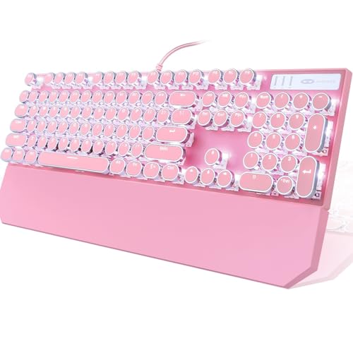 Camiysn Typewriter Style Mechanical Gaming Keyboard, Pink Retro Punk Gaming Keyboard with White Backlit, 104 Keys Blue Switch Wired Cute Keyboards, Round Keycaps for Windows/Mac/PC - Image 1