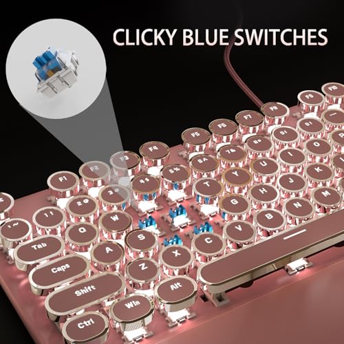 Camiysn Typewriter Style Mechanical Gaming Keyboard, Pink Retro Punk Gaming Keyboard with White Backlit, 104 Keys Blue Switch Wired Cute Keyboards, Round Keycaps for Windows/Mac/PC - Image 3