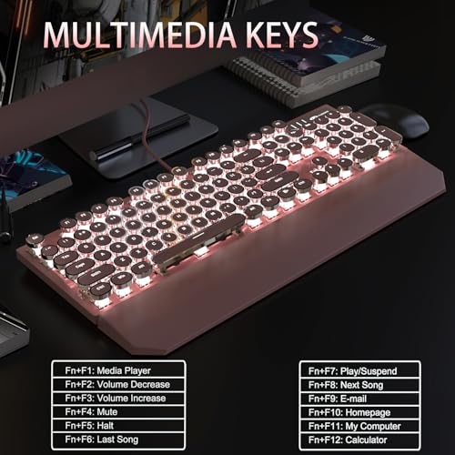 Camiysn Typewriter Style Mechanical Gaming Keyboard, Pink Retro Punk Gaming Keyboard with White Backlit, 104 Keys Blue Switch Wired Cute Keyboards, Round Keycaps for Windows/Mac/PC - Image 5