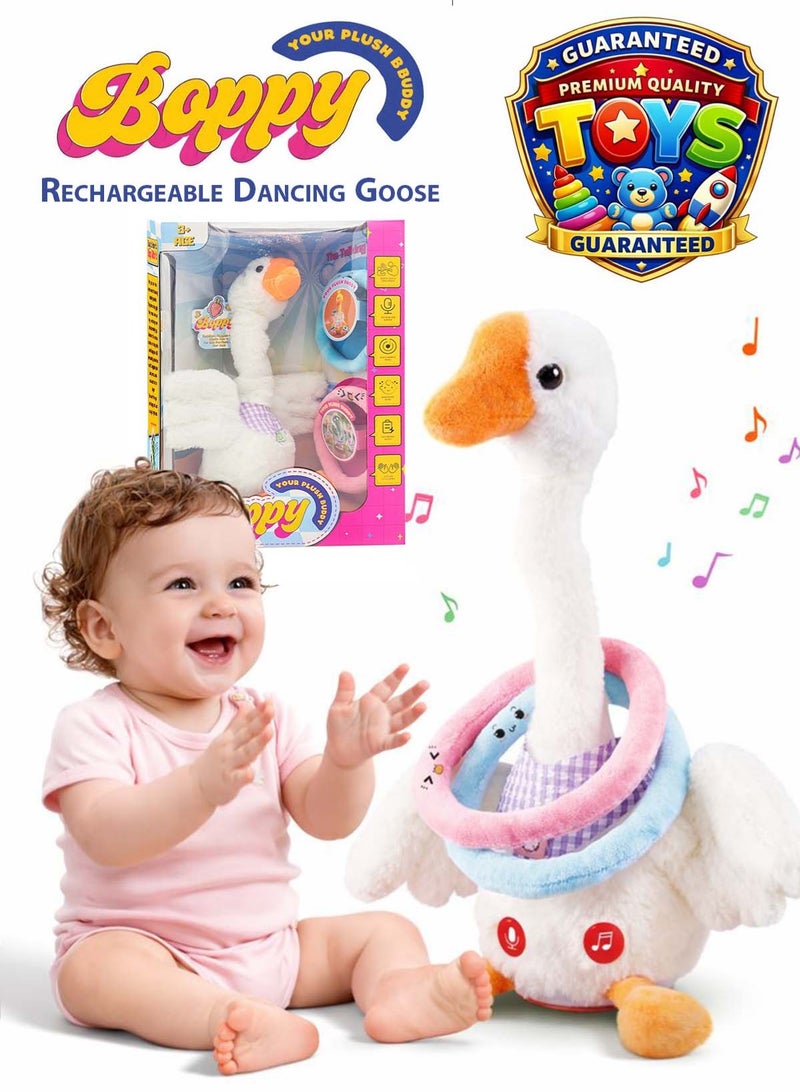 boppy Premium Talking Dancing Big White Goose Plush Toy for Kids Rechargeable Musical Goose with Voice Recording & Voice Repeat Function Interactive Singing Swinging Twisting Plush Toy with Music, Motion & Colorful Rings Soft Baby Educational Learning Toy & Gift for Boys and Girls Toddlers & Children Ages 3+ - Image 1