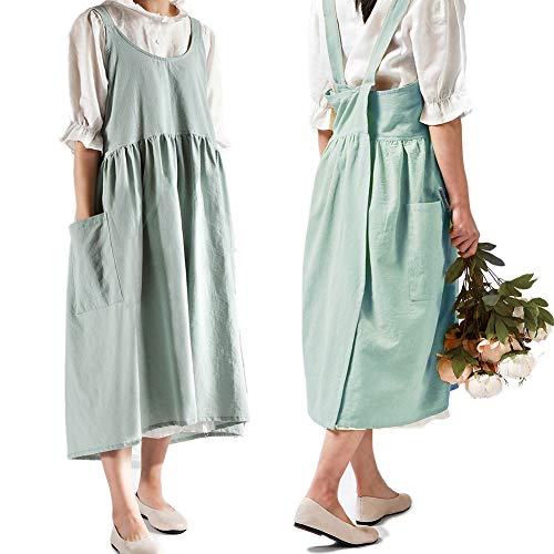 NEWGEM Cotton Linen Cross Back Apron for Women with Pockets for Cooking Gardening Turquoise without Waist Ties - Image 1