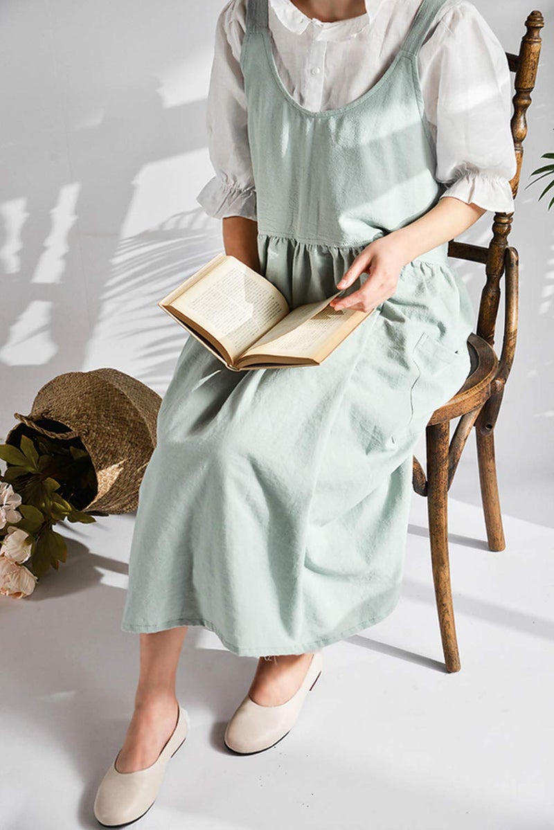 NEWGEM Cotton Linen Cross Back Apron for Women with Pockets for Cooking Gardening Turquoise without Waist Ties - Image 3