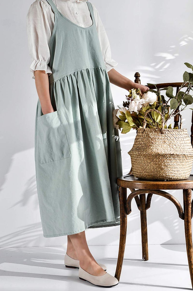 NEWGEM Cotton Linen Cross Back Apron for Women with Pockets for Cooking Gardening Turquoise without Waist Ties - Image 2