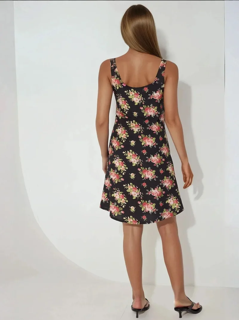 Hiccup Black U Collar Printed Fitted Mini Dress for Women | Best Price UAE