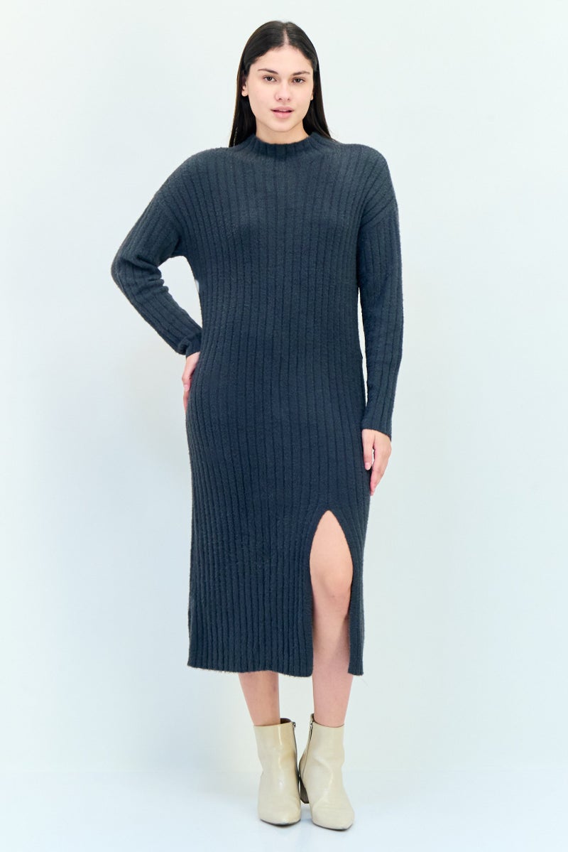 Aerie Women Textured Midi Dress, Charcoal  - Image 1