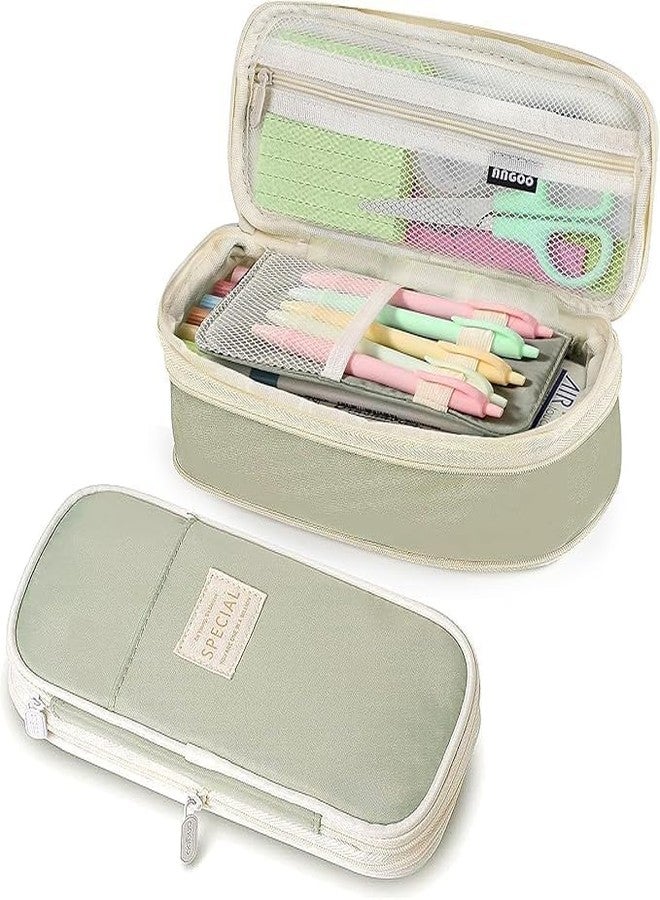 VANKALP | Large Capacity Pencil Case | Durable Pencil Bag Stationery Pouch Zipper | Expandable Canvas Pen Holder | for Kids, College, Student, Teen, 21.5 x 9.5 cm | (Green) - Image 1
