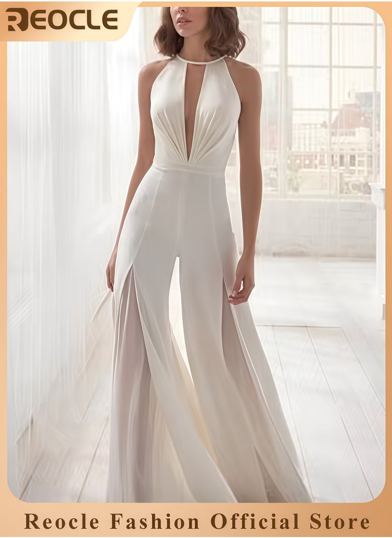 REOCLE Deep V Halterneck Jumpsuit Casual Trousers Slim Fit Skin-friendly Comfortable Sleeveless Backless Design Flowing Hem Design Breathable Jumpsuit  - Image 1