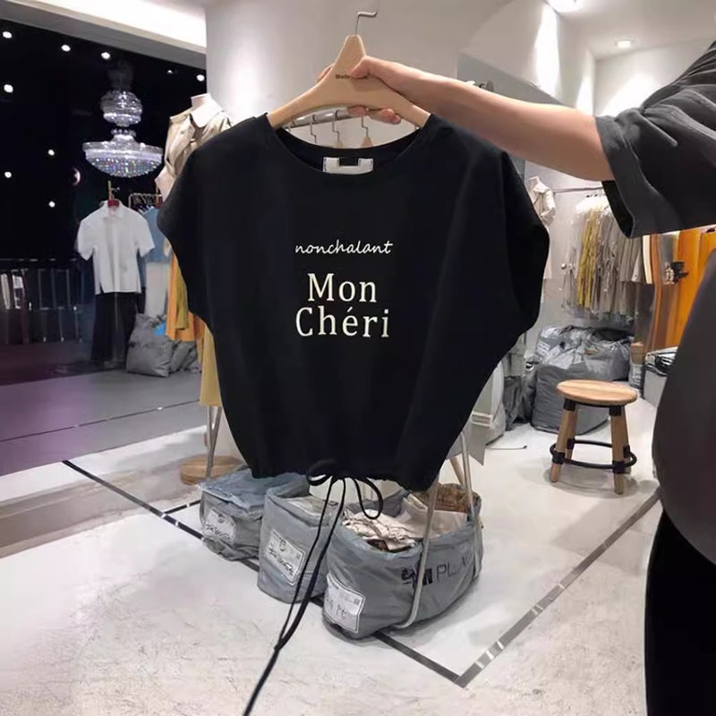 Batshirt Short-sleeved T-shirt Women's Summer 2024 New Student All-match Sleeveless Sports Blouse Drawstring Tight Waist Top - Image 4