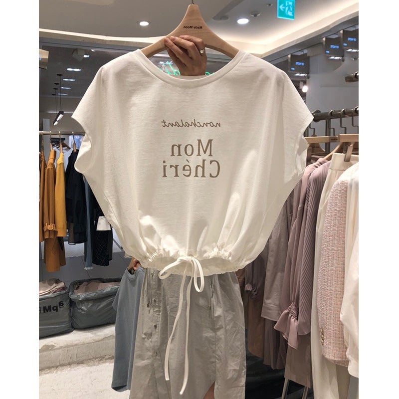 Batshirt Short-sleeved T-shirt Women's Summer 2024 New Student All-match Sleeveless Sports Blouse Drawstring Tight Waist Top - Image 2