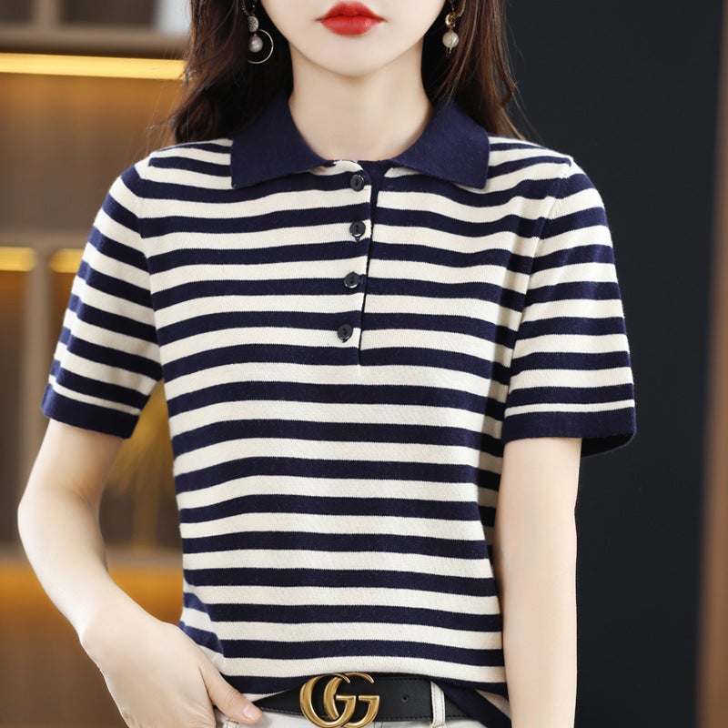Spring And Polo Collar Striped Short Sleeve T-Shirt Loose Thin Cotton Lapel Base Sweater - Image 2