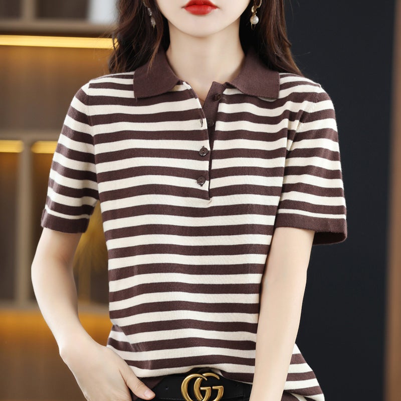 Spring And Polo Collar Striped Short Sleeve T-Shirt Loose Thin Cotton Lapel Base Sweater - Image 1