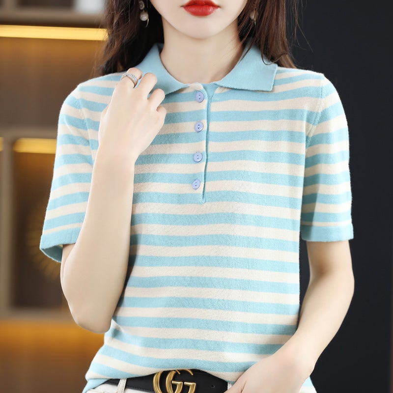 Spring And Polo Collar Striped Short Sleeve T-Shirt Loose Thin Cotton Lapel Base Sweater - Image 4