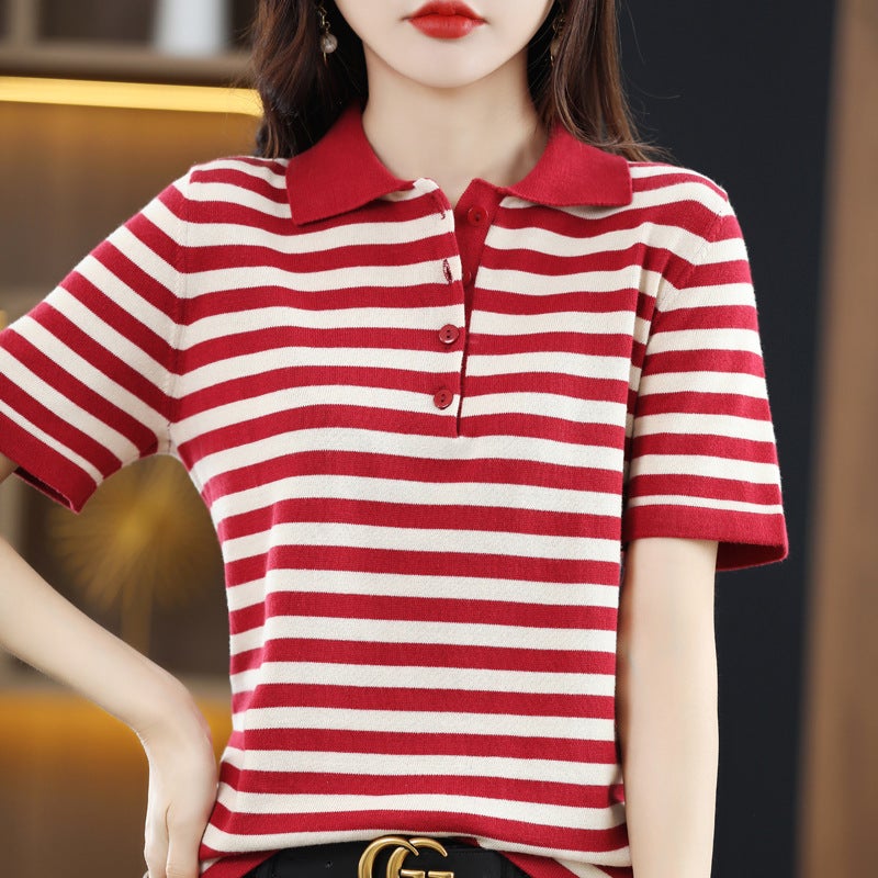 Spring And Polo Collar Striped Short Sleeve T-Shirt Loose Thin Cotton Lapel Base Sweater - Image 5