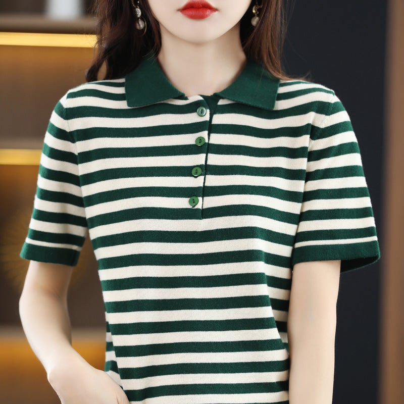 Spring And Polo Collar Striped Short Sleeve T-Shirt Loose Thin Cotton Lapel Base Sweater - Image 3