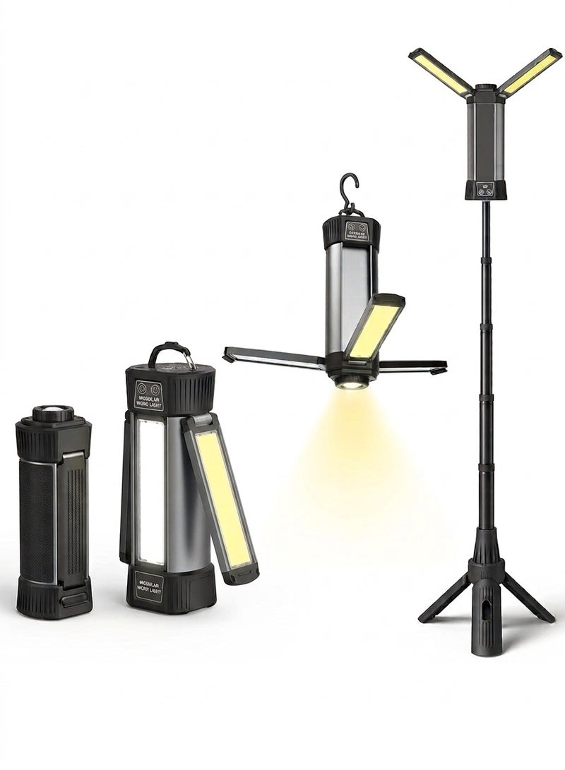 Rechargeable LED Work Light with Tripod Stand, Foldable Multi-Panel COB Camping Light, Portable Cordless Flood Light with Battery Display for Garage Construction Outdoor Emergency – Black - Image 1
