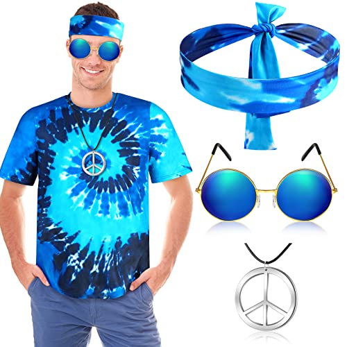 Berlune 4 Pcs 60s 70s Hippie Outfits for Men Hippie Costume Tie Dye T Shirts Disco Outfit Halloween Costume (Stylish Style,X-Large) - Image 1