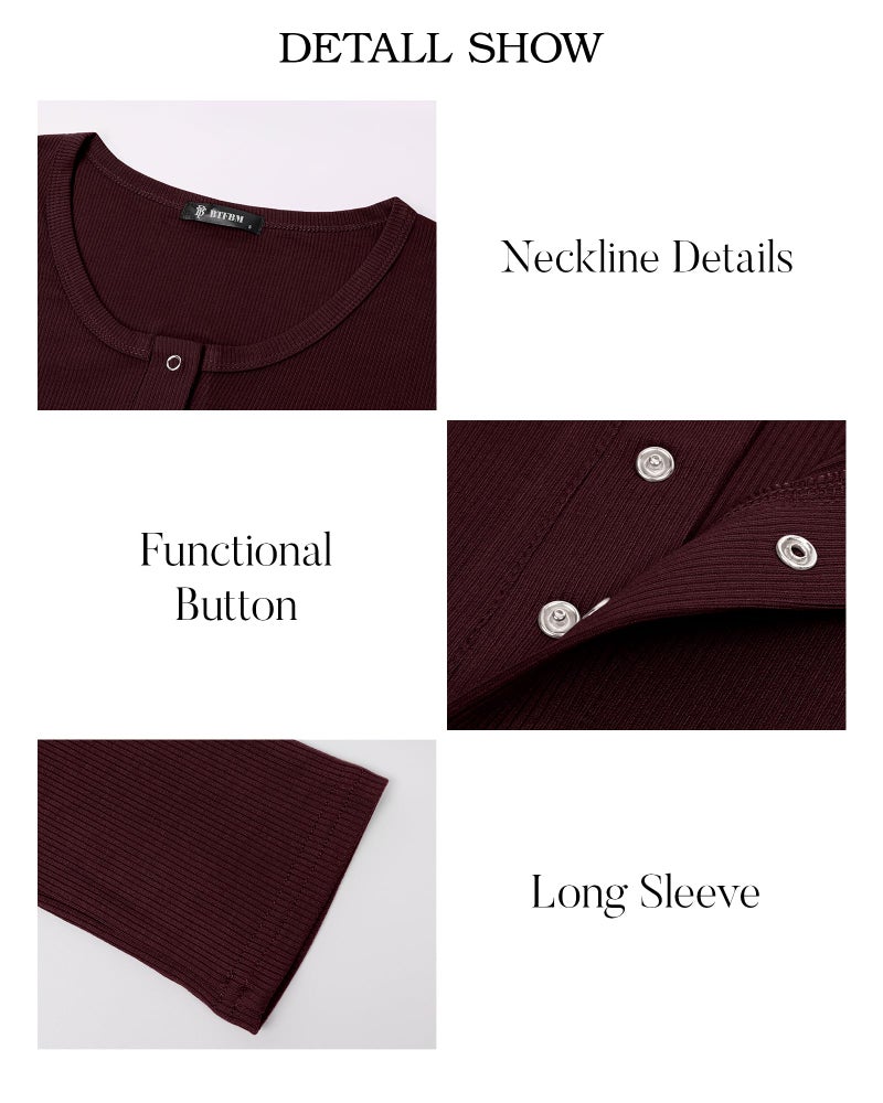 BTFBM Women Long Sleeve Shirts Fall Tops V Neck Button Up Henley Shirts Slim Fit Ribbed Knit Spring Casual T-Shirts 2026(Wine Red,Large) - Image 4