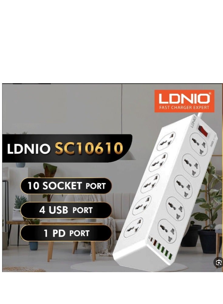 LDNIO Power Strip with 10-Outlet Surge Protector Power Sockets 6 USB Ports 32W PD+QC Fast Charging Adapter Sockets 2-meter  - Image 5