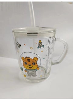 Cartoon Glass Mug Straw Cup with Handle ScaleTiger + lid + straw Tiger + lid + straw