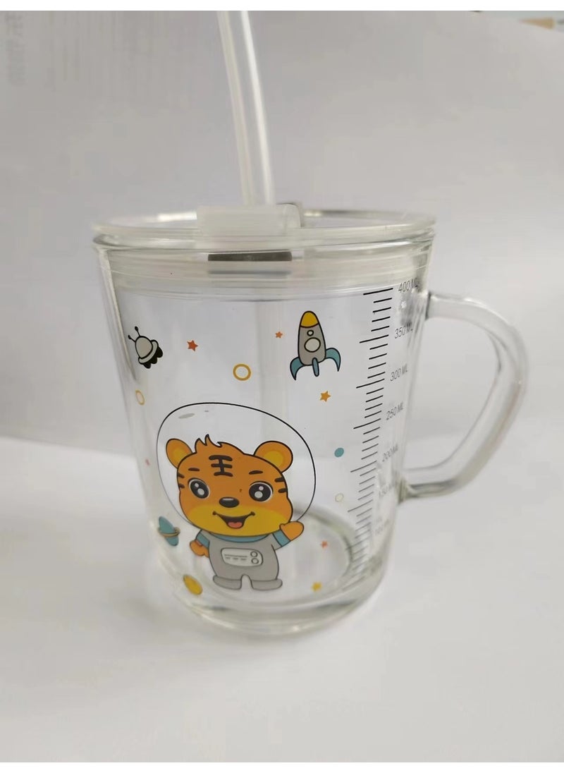 Generic - Cartoon Glass Mug Straw Cup with Handle ScaleTiger + lid + straw Tiger + lid + straw - Image 1