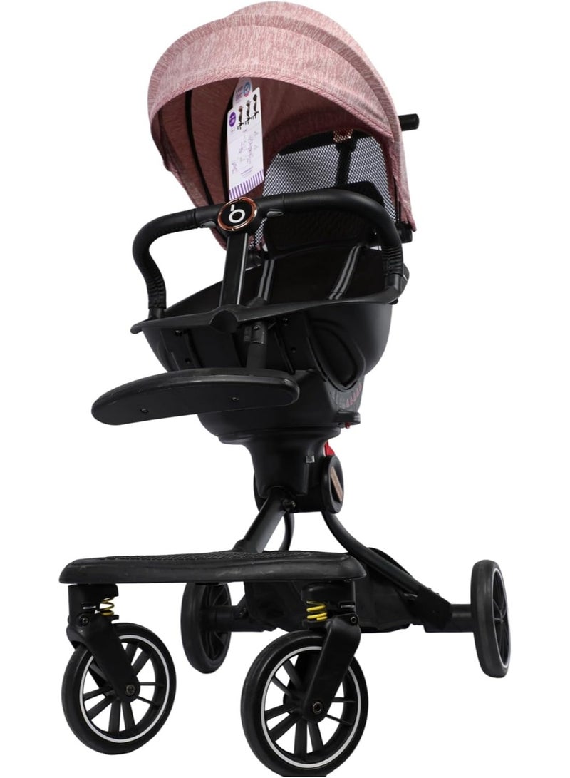Baby Stroller V8, Compact Foldable Design, Pink Melange and Black, 4-Wheel Travel System, Adjustable Canopy with Mesh Panel - Image 2