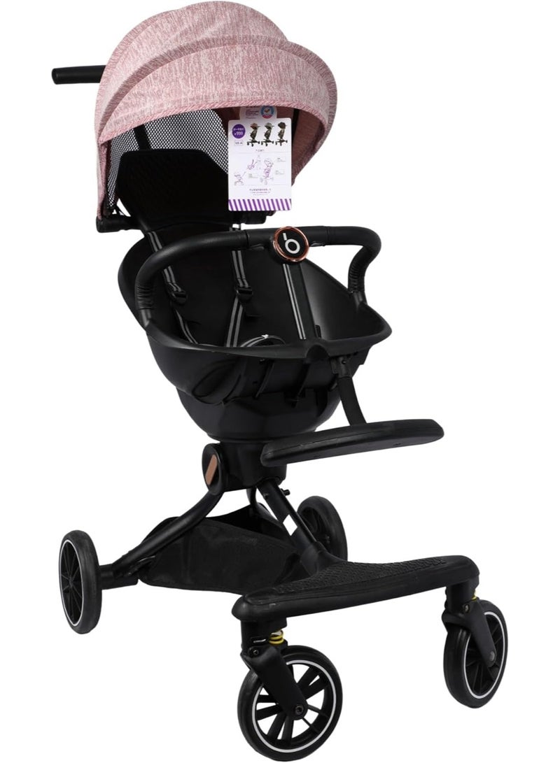 Baby Stroller V8, Compact Foldable Design, Pink Melange and Black, 4-Wheel Travel System, Adjustable Canopy with Mesh Panel - Image 4