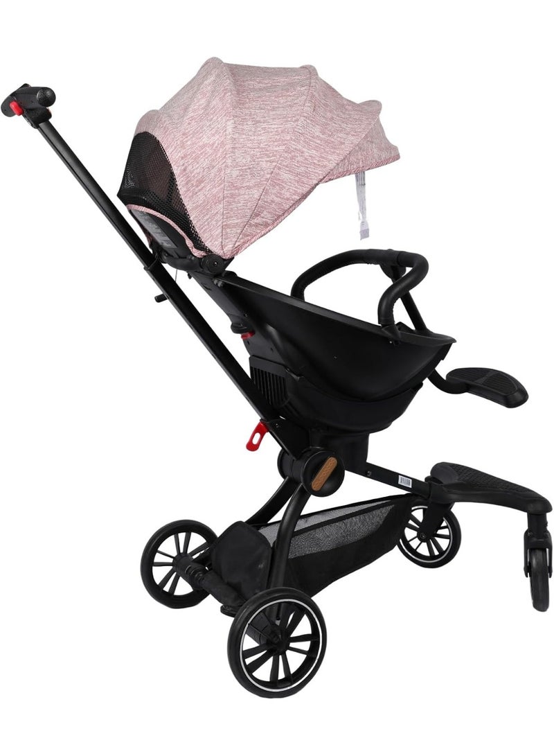 Baby Stroller V8, Compact Foldable Design, Pink Melange and Black, 4-Wheel Travel System, Adjustable Canopy with Mesh Panel - Image 5