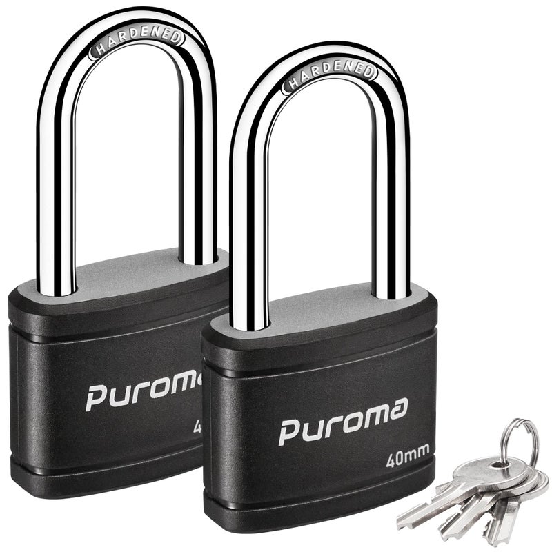 Puroma 2 Pack Keyed Padlock with 3 Keys Alike 18 Inch Locker Lock 40mm HeavyDuty Locks for Gate Fence Hasp Cabinet Toolbox School Gym Locker Black
