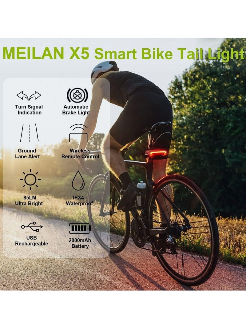 X5 Smart Bike Tail Light Wireless Turn Signals Automatic Brake Light Ground Warning Line Remote Control Usb Rechargeable Waterproof Safety Warning Rear Back Cycling