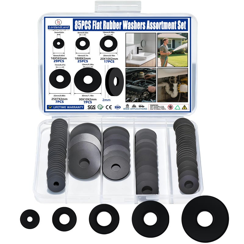 LordandLand 85Pcs Flat Rubber Washers Assortment Kit,16/18/20/25/30mm Black Washer,Vibration Absorbing Pads Sealing Rubber Washers for Faucets Garden Bolts Screws Hose Plumbing Shower Head- 5 Sizes - Image 1