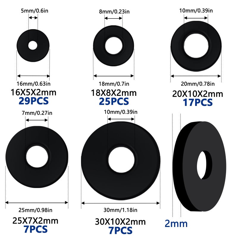 LordandLand 85Pcs Flat Rubber Washers Assortment Kit,16/18/20/25/30mm Black Washer,Vibration Absorbing Pads Sealing Rubber Washers for Faucets Garden Bolts Screws Hose Plumbing Shower Head- 5 Sizes - Image 2