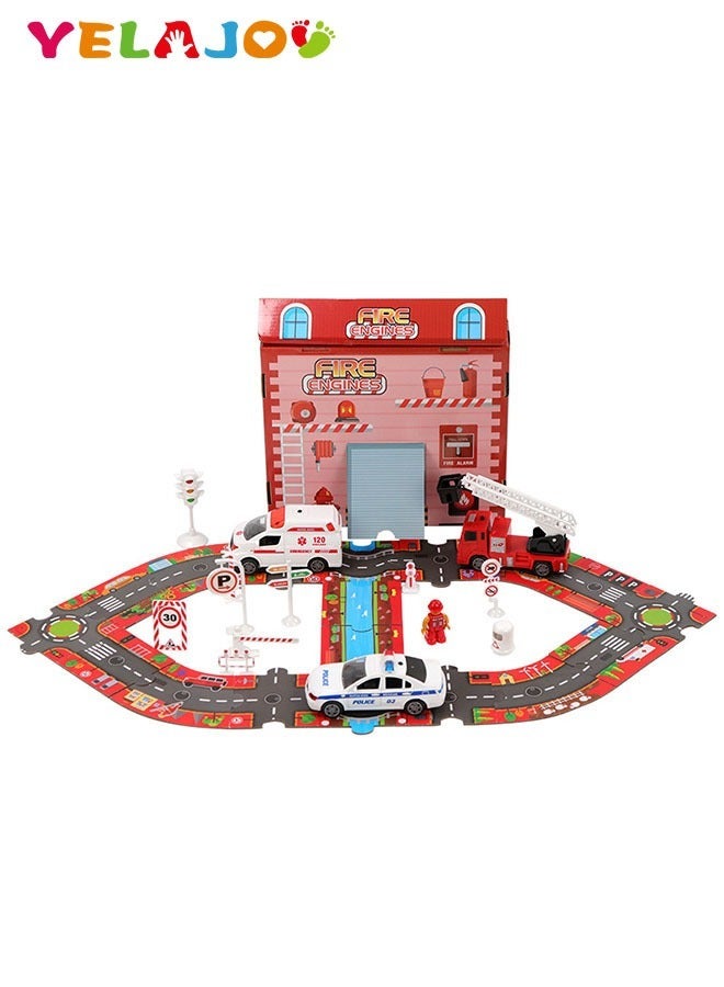 YelaJoy 3D Puzzle Track Toy Set Electric Urban Rescue Cars with Lights and Sounds Fire And Police Theme Puzzle Toys - Image 1
